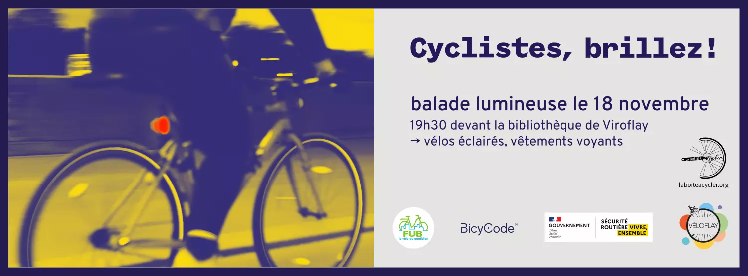 Cyclistes, brillez ! Balade lumineuse le 18 novembre à 19h30, devant la bibliothèque de Viroflay