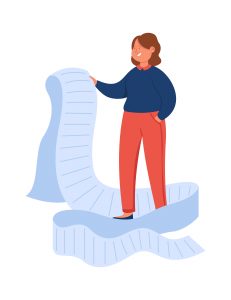 femme tenant à la main une très longue liste qui va jusqu'au sol
