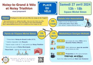 Affiche présentant le programme de la journée "Place du vélo" différents rendez-vous : 10h balade inter associative, de 13h à 15h45 : stands divers : savoir rouler, agence de voyage à vélo, atelier de réparation … 14h les coups de cœur vélo de la librairie Folie d'encre 15h dédicaces, jeux autour du vélo 16h projection d'un film documentaire Together we Cycle et débat