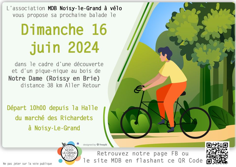 Affiche annonçant la balade du 16 juin avec le dessin d'un cycliste sur fond de forêt.