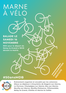 Affiche de la balade, des silhouettes de vélos blancs sur fond de couleur.
