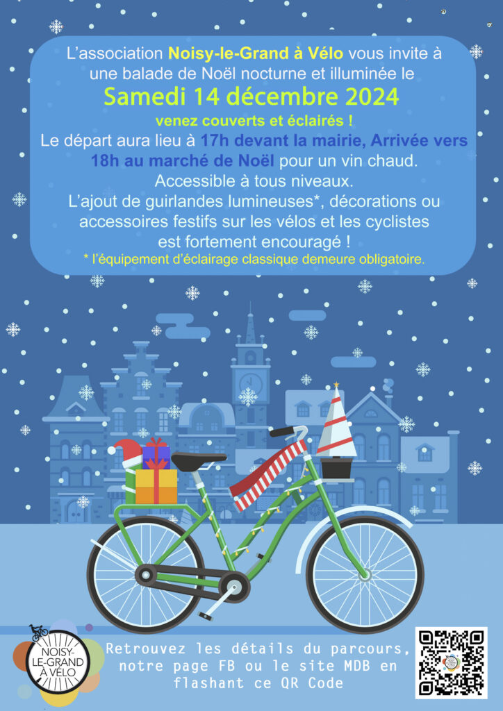 Affiche de la baladde, un vélo décoré en mode Noël sur un fond de bâtiments sous la neige.
