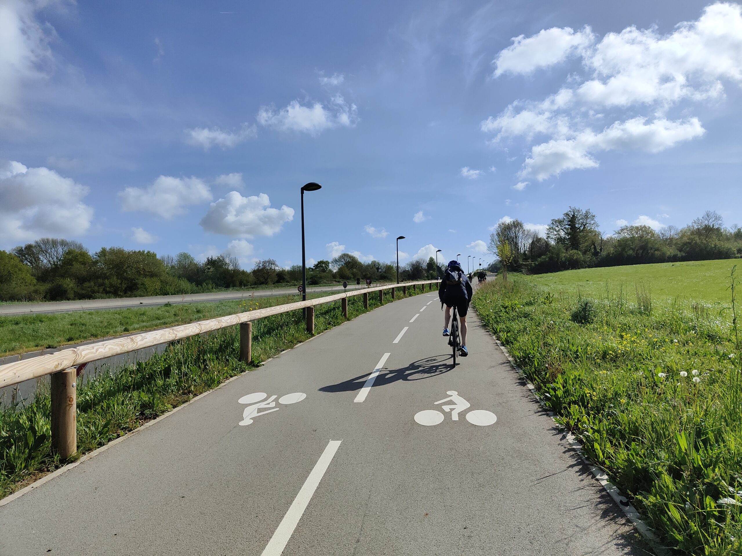 Cycliste de dos, avec un casque, sur une piste cyclable le long d'une route départementale hors agglomération, par beau temps