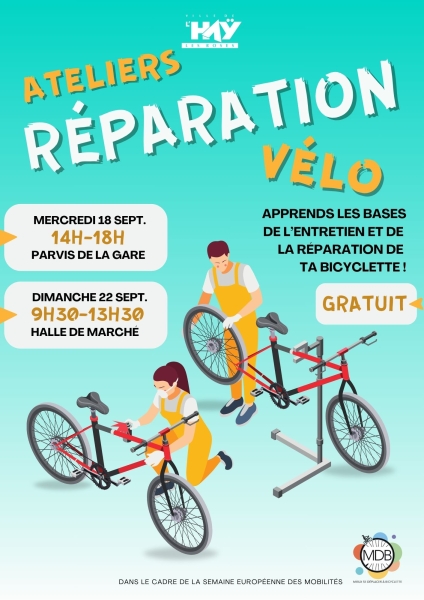 Atelier de réparation de vélo à la gare de la ligne 14 de l'Haÿ le 17 septembre 2025 de 14h à 17h.