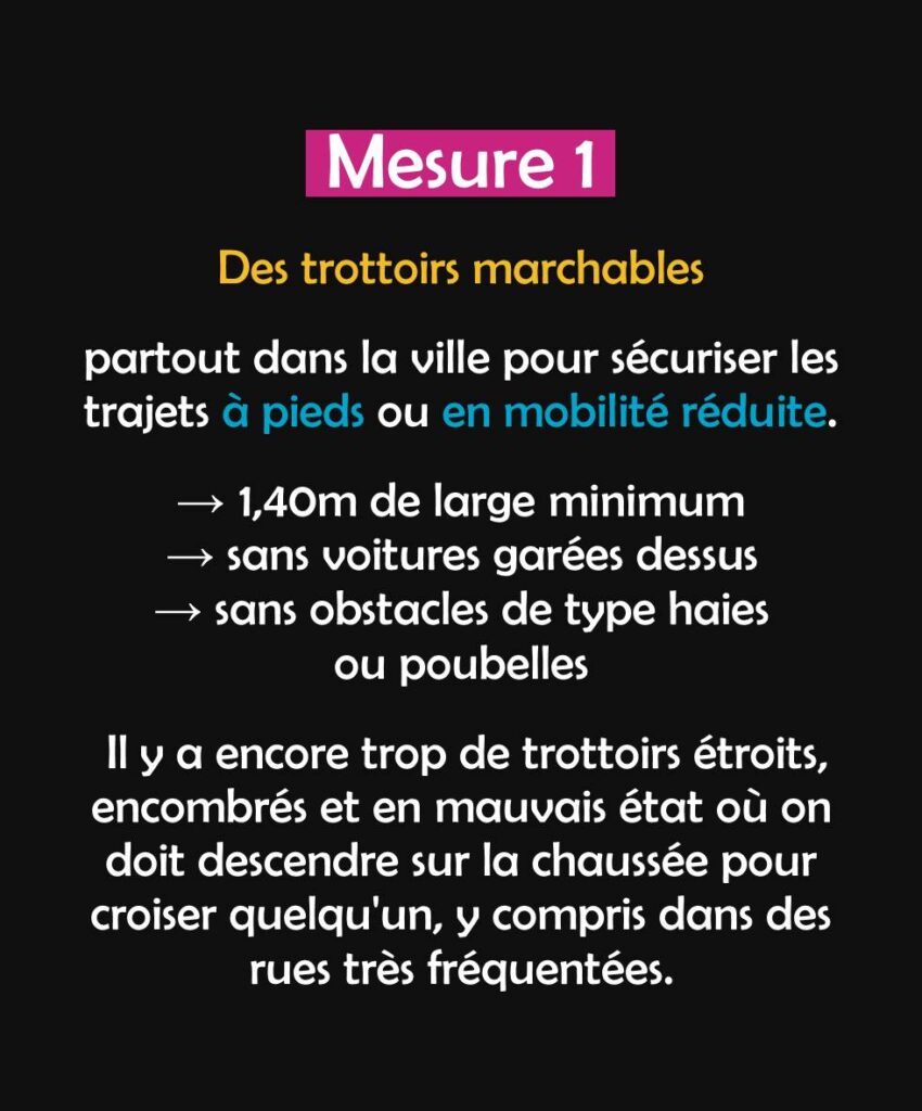 Mesure 1 : des trottoirs marchables partout dans la ville pour sécuriser les trajets à pieds ou en mobilité réduite. Cela veut dire : des trottoirs d'1,40 m de large minimum, sans voitures garées dessus et sans obstacles de types haies ou poubelles. Il y a encore trop de trottoirs étroits, encombrés et en mauvais état où on doit descendre sur la chaussée pour croiser quelqu'un, y compris dans des rues très fréquentées.