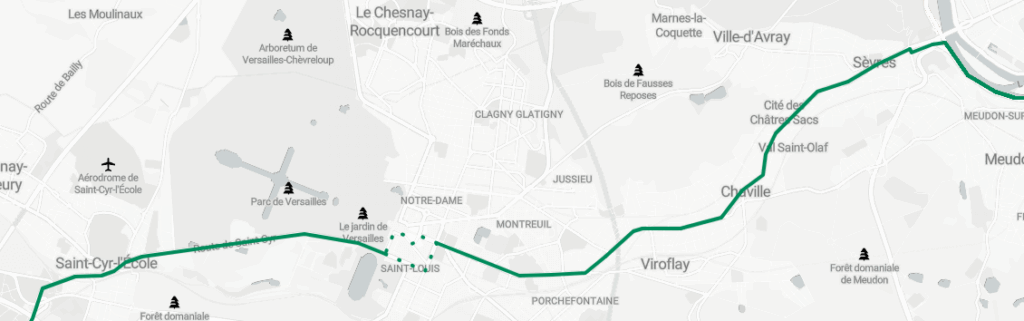Plan de la ligne V3 du réseau VIF entre Sèvres et Saint-Cyr-l'École