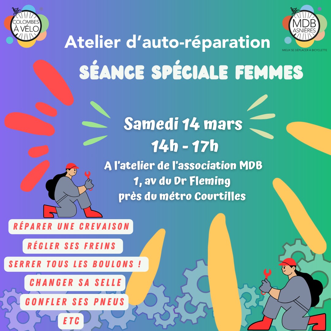Atelier d'auto-réparation, séance spéciale femmes. Samedi 14 mars 2026, de 14h à 17h.