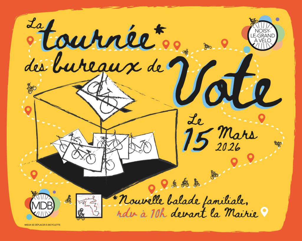 Affiche de la balade : une urne transparente dans laquelle on distingue des bulletin de vote sur lesquels figure un vélo.