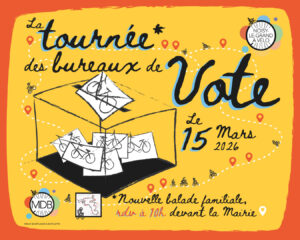 Affiche de la balade : une urne transparente dans laquelle on distingue des bulletin de vote sur lesquels figure un vélo.